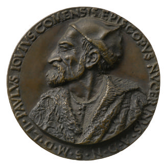 Bronze portrait medal of Paolo Giovio wearing a biretta, bearded, in profile to the left