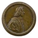 Bronze medal of a man facing right, with long hair, wearing the dress of the Keeper of the Seal…