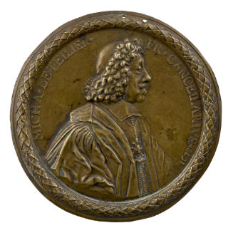 Bronze medal of a man facing right, with long hair, wearing the dress of the Keeper of the Seal…