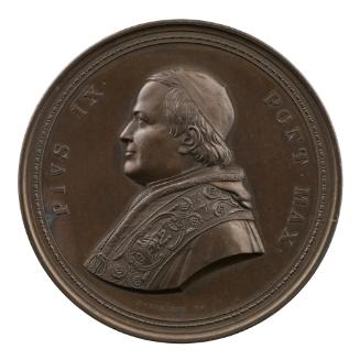 Bronze medal of a man facing left, with short hair and cap, wearing a cope decorated with an al…